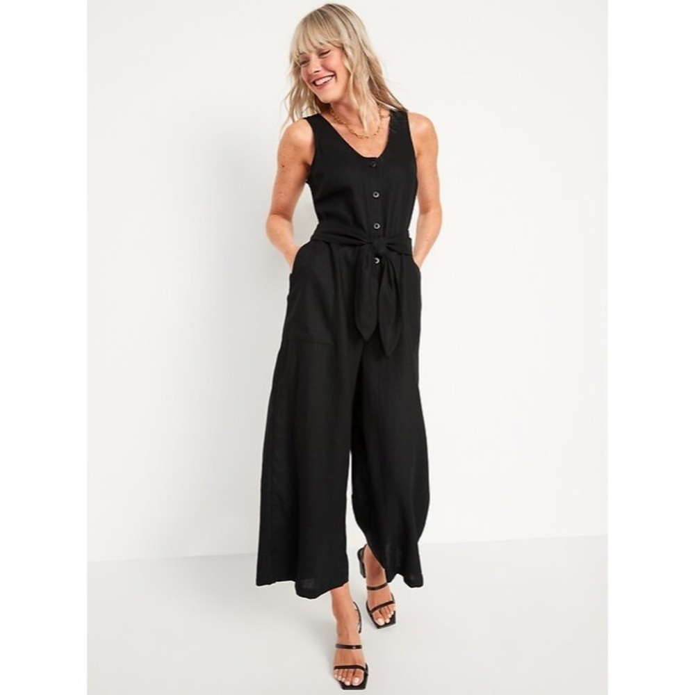 Old Navy Button Front Tie Waist Linen Blend Sleeveless Jumpsuit